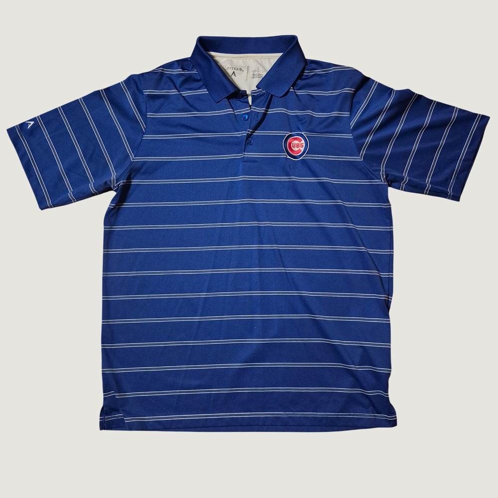 Antigua Chicago Cubs Polo Men's L Blue Striped MLB Baseball Golf Performance